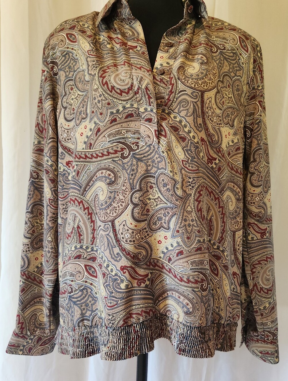 Vintage Alfred Dunner Paisley Smocked Hem Blouse Size 12 Boho Long Sleeve Top